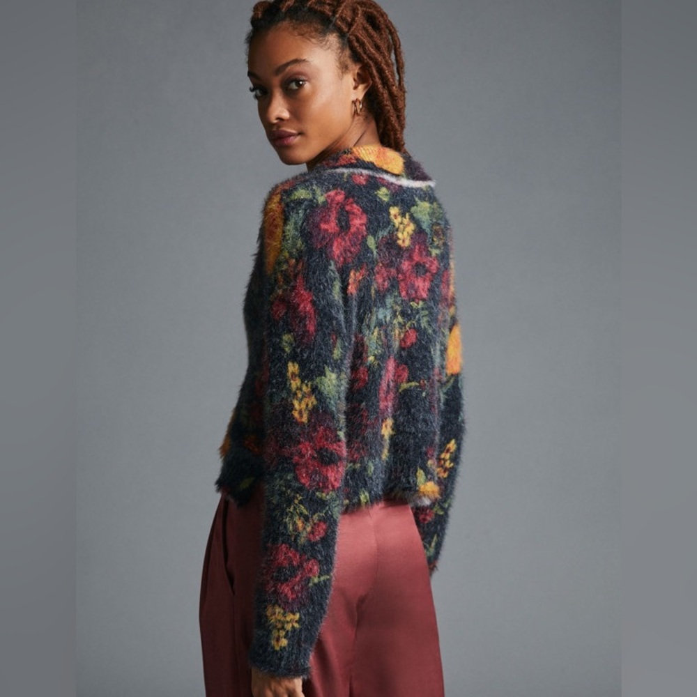 Pilcro Anthropologie Cropped Cardigan Sweater Eyelash Multicolor Fuzzy floral - Picture 3 of 7